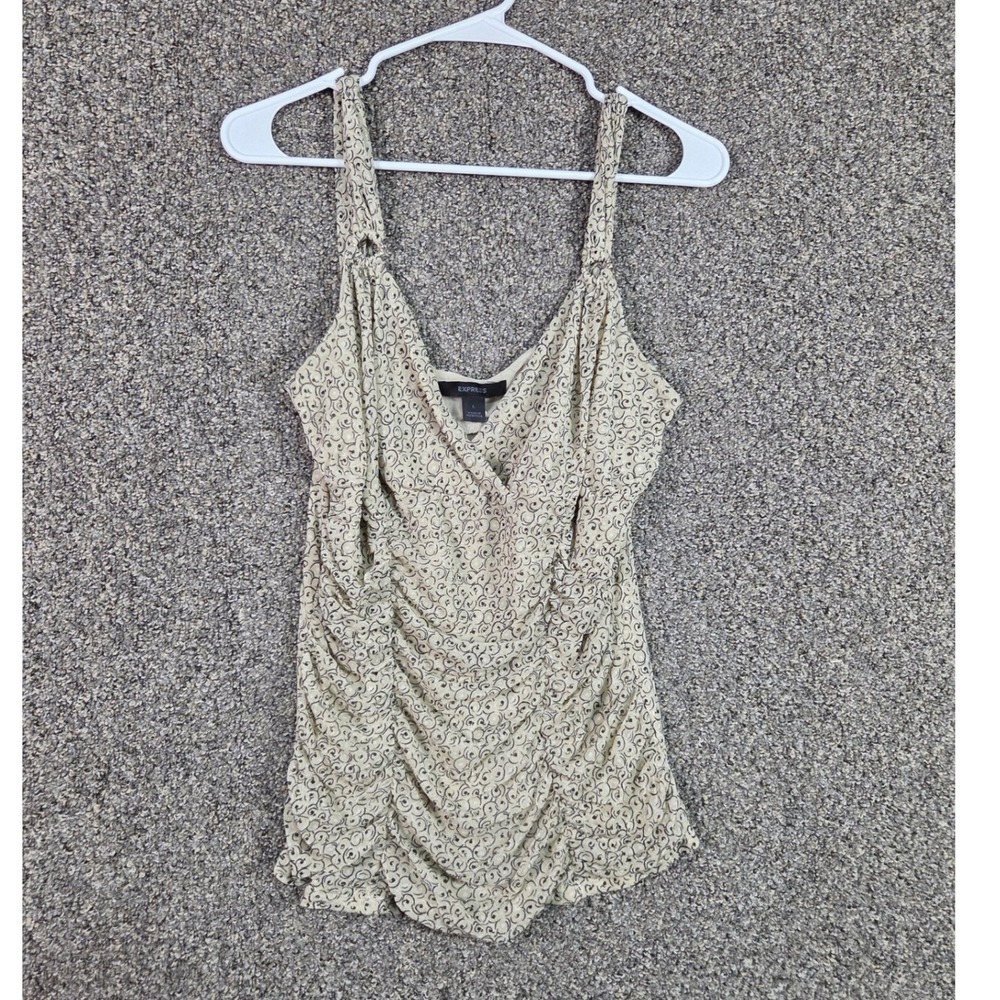 Express Mesh Ruched Tank Top Women Large Beige Swirl Print V-Neck Sleeveless